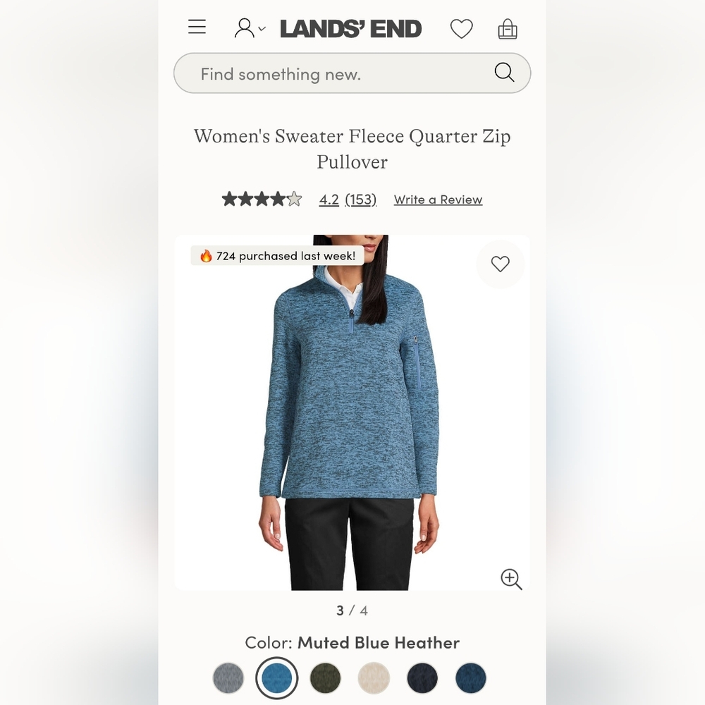 Lands' End Women's Blue Heather Sweater Fleece Pullover